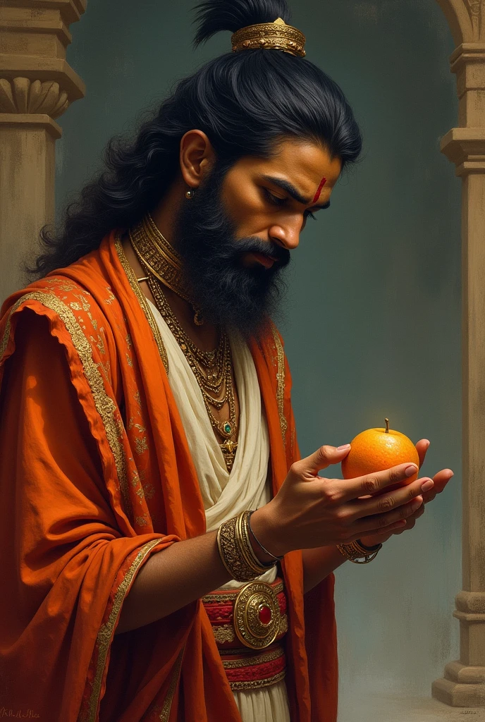 समाट विक्रम आदित्य की चिंतित मुद्रा, फल के प्रति संदेह, और विचारमग्न स्थिति एक पुरुष भारतिय संस्कृति