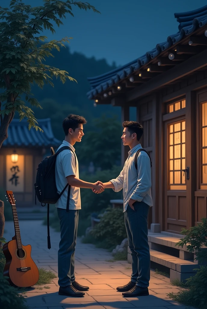Two young men meet at night shaking hands in front of a village house ,a wooden house with dim lighting, there is a guitar on the terrace of the house and there is a jasmine tree near the house of one of the young men 