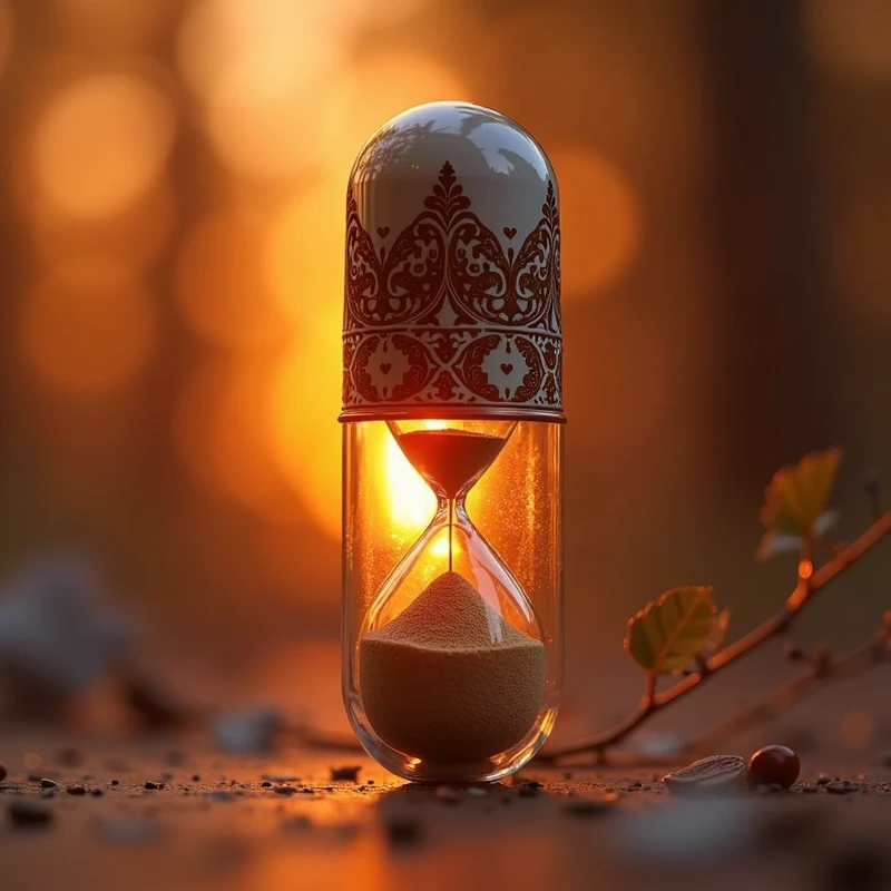 one (((pill capsule))) with one (((transparent inner shell))) that subtly incorporates the silhouette of a ((hourglass with its intricate details and ornate patterns)) while the lid design reflects the (soft glow of the sunset behind her), displaying (((vivid contrasting colors of dark amber and light amber))) that blend beautifully with the (distinct bright orange hue) from the surface of the hourglass. or (minimalist design) the cap is elegant and modern,or ((modern and elegant design)) of the cap incorporates (((a silhueta icônica de uma hourglass with its intricate details and ornate patterns))), displaying seu (vivid contrast against the (amber background of the setting sun and the soft shadows it casts on the surroundings. or design moderno do boné é elegante e minimalista, with emphasis on the hourglass shape and the (amber tones that convey a sense of warmth and nostalgia