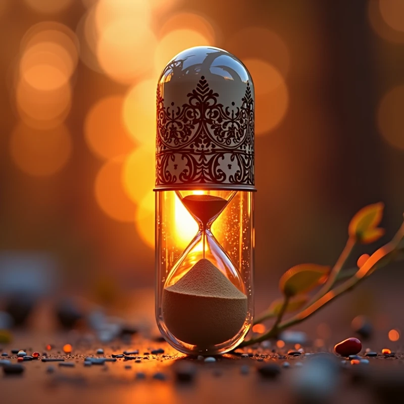 one (((pill capsule))) with one (((transparent inner shell))) that subtly incorporates the silhouette of a ((hourglass with its intricate details and ornate patterns)) while the lid design reflects the (soft glow of the sunset behind her), displaying (((vivid contrasting colors of dark amber and light amber))) that blend beautifully with the (distinct bright orange hue) from the surface of the hourglass. or (minimalist design) the cap is elegant and modern,or ((modern and elegant design)) of the cap incorporates (((a silhueta icônica de uma hourglass with its intricate details and ornate patterns))), displaying seu (vivid contrast against the (amber background of the setting sun and the soft shadows it casts on the surroundings. or design moderno do boné é elegante e minimalista, with emphasis on the hourglass shape and the (amber tones that convey a sense of warmth and nostalgia