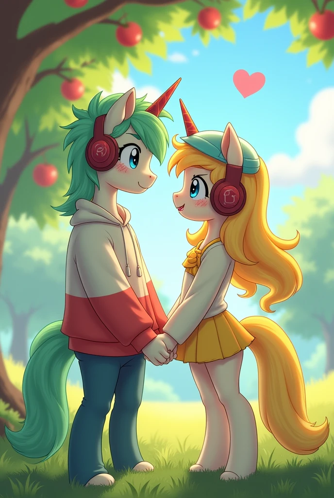 Male Alicorn Pony with mint green fur and white freckles,light green hair with blue streaks and blue eyes; white sweatshirt with red sleeves,red gamer headphones; music note cutemark. Winged a female alicorn pony with yellow hair and a yellow tail,White fur,big yellow bow on the nape of the neck,yellow helmets,light blue eyes; dress with short yellow skirt. Lovers in a field in front of an apple tree. 2D anime style image
