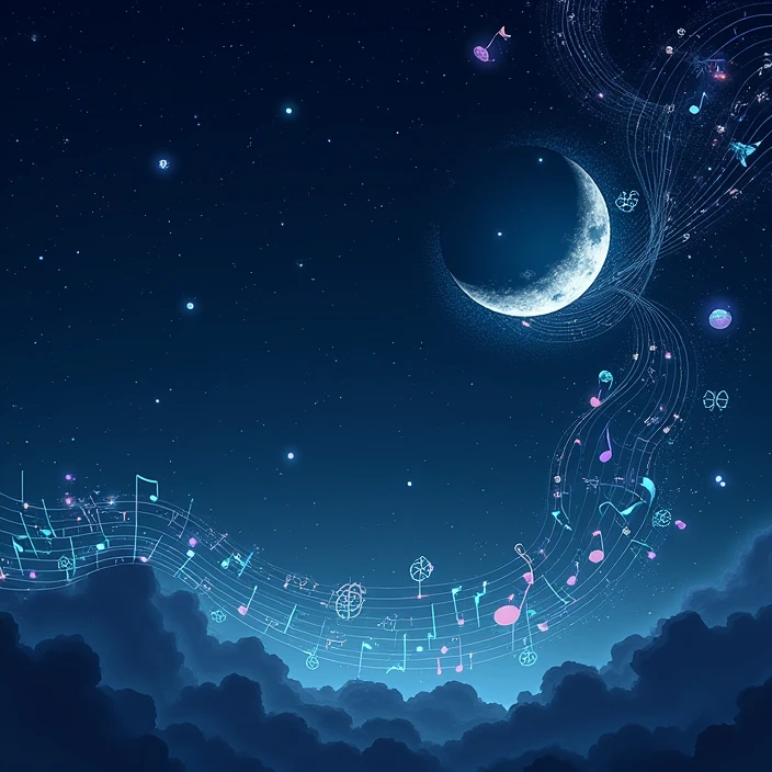 Musical notes, night sky, background only, cute