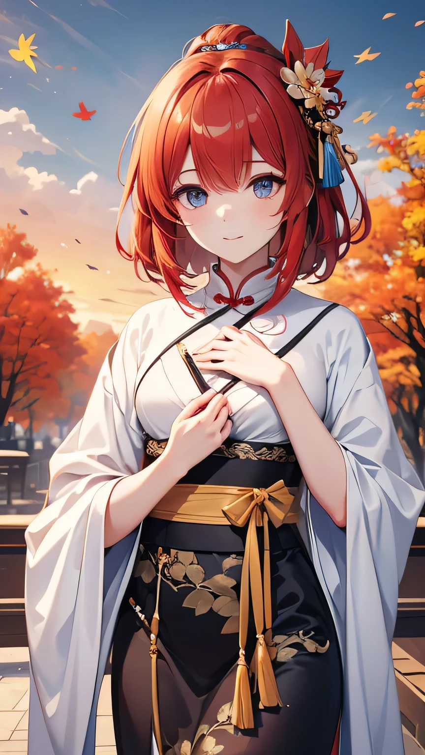 ((Highest quality, 8k, masterpiece: 1.3)), Sharp focus Beautiful woman with perfect body, Slim abdomen, Highly detailed face and skin texture, Detailed eyes, Chinese traditional clothing, Hanfu, Ancient Chinese Princess, Hair ornament studded with small jewels, Slender body, Place your hand on your chest, The background is an autumn scene.，autumn，Red Hair