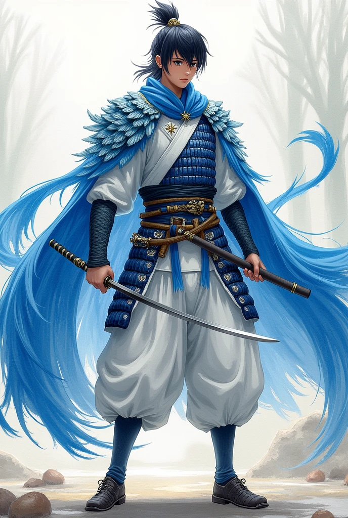 A young black-haired samurai warrior, short, wearing white and blue samurai armor, with a blue cloak adorned with feathers, uses a very realistic watercolor style