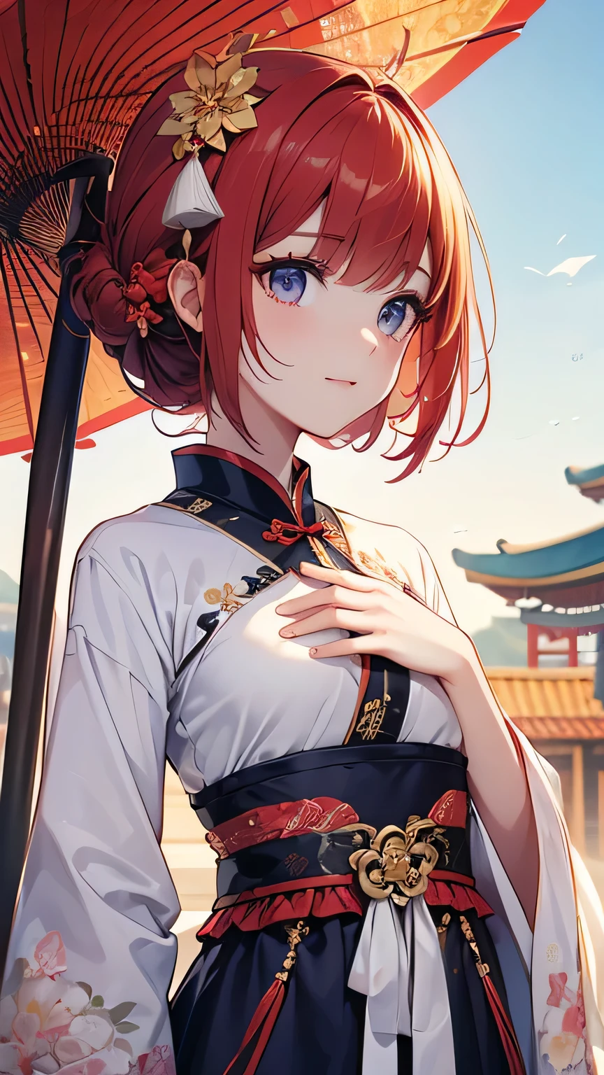 ((Highest quality, 8k, masterpiece: 1.3)), Sharp focus Beautiful woman with perfect body, Slim abdomen, Highly detailed face and skin texture, Detailed eyes, Chinese traditional clothing, Hanfu, Ancient Chinese Princess, Hair ornament studded with small jewels, Slender body, Place your hand on your chest, The background is an autumn scene.，autumn，Red Hair