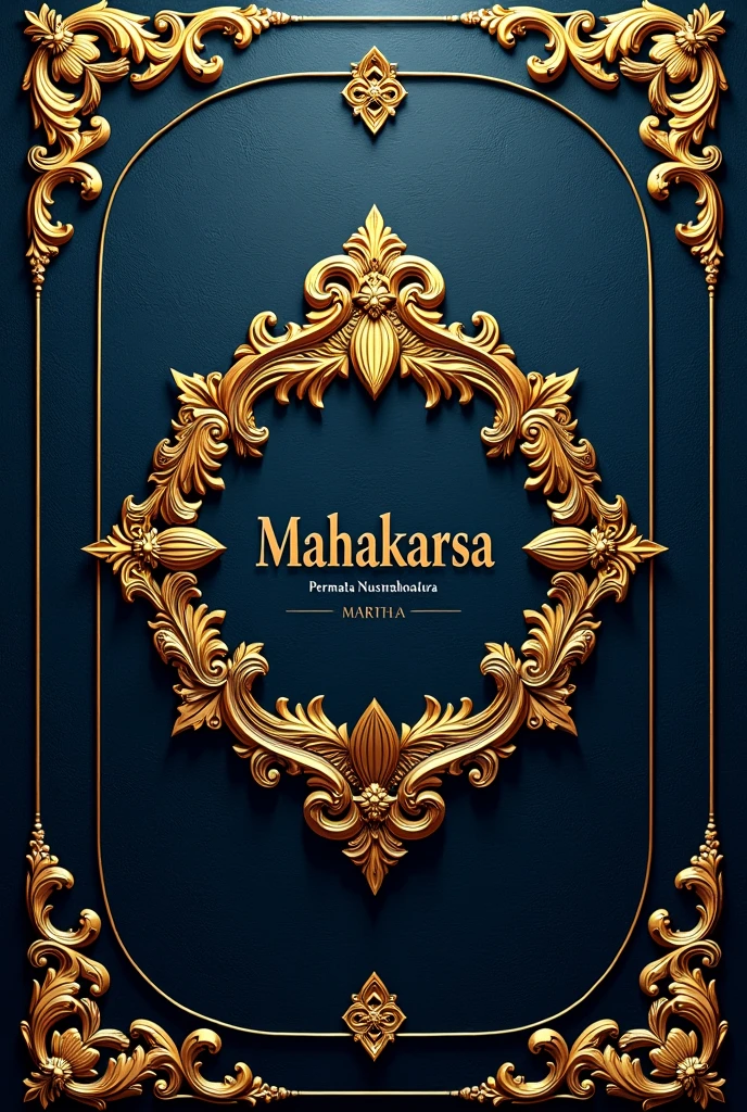 wallpaper with royal carvings, dark blue combined with gold, entitled MAHAKARSA, subtitle Permata Nusantara, at the bottom written MARTHA