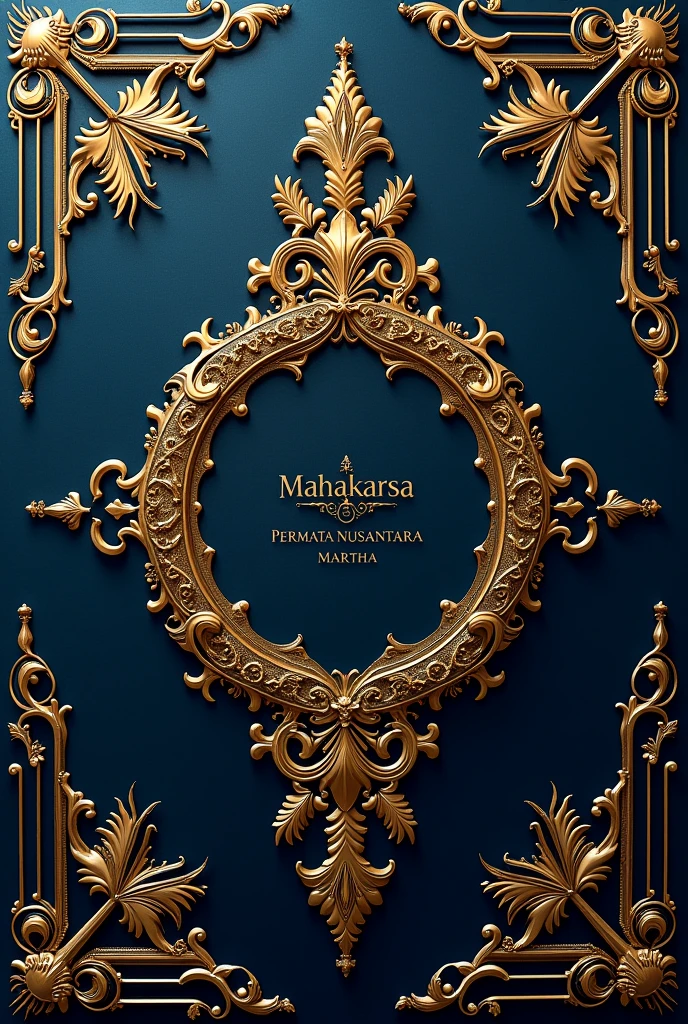 wallpaper with royal carvings, dark blue combined with gold, entitled MAHAKARSA, subtitle Permata Nusantara, at the bottom written MARTHA
