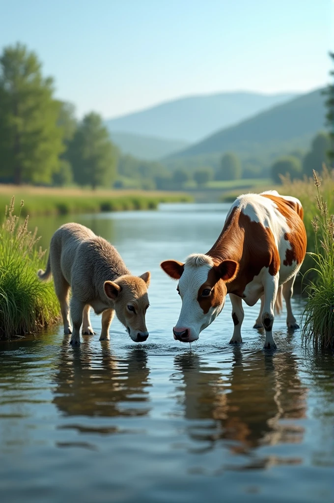 A cow and a dog drinking water river side realistic photo