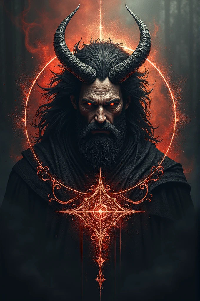best quality,masterpiece,(DruidTarot:1.2),The_Devil, devil, horn, 1boy, 1girl, pentagram,English text,roman numeral,card \(medium\),