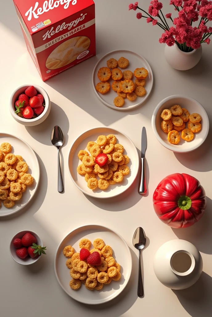 (photorealism:1.2), Hi, I need you to put some cereal in. ( breakfast cereal kellogg's cereal special normal) and its box, Also, put a plate with cereal with a nice background and add fruit., add dishes, Vases, spoons do it with view from above