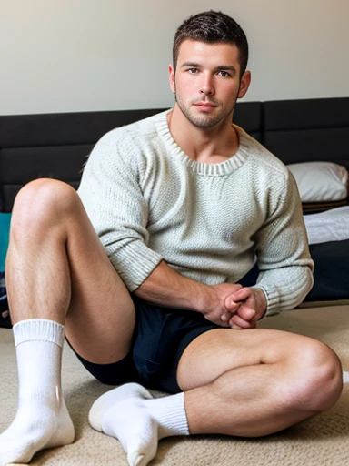 a male character wearing a sweater while on the floor of a bedroom, male focus, 1boy, male underwear, underwear, solo, leg hair, socks, bulge, blush, short hair, sweater, facial hair, black hair, bara, clothes lift, white male underwear, sitting