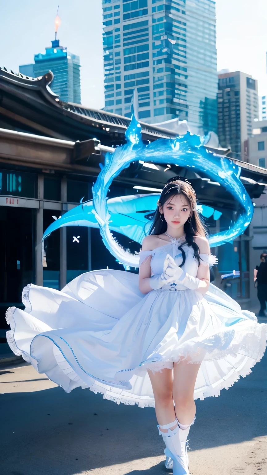 1 girl, height, Masterpiece, alone, anime, nonsense, detailed face, perfect eyes, light blue (fire symbol), upper body, full body, white dress, decorations, white gloves, city scenery, Holding, employee, sing