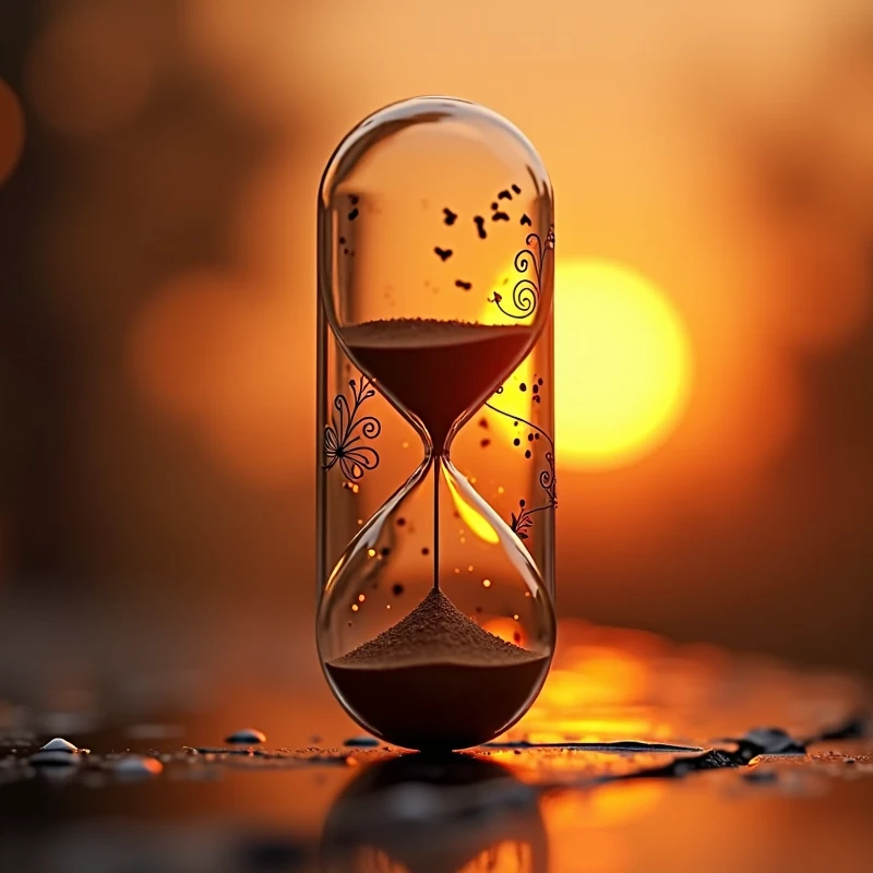 one (((pill capsule))) with one (((transparent inner shell))) that subtly incorporates the silhouette of a ((hourglass with its intricate details and ornate patterns)) while the lid design reflects the (soft glow of the sunset behind her), displaying (((vivid contrasting colors of dark amber and light amber))) that blend beautifully with the (distinct bright orange hue) from the surface of the hourglass. or (minimalist design) the cap is elegant and modern,or ((modern and elegant design)) of the cap incorporates (((a silhueta icônica de uma hourglass with its intricate details and ornate patterns))), displaying seu (vivid contrast against the (amber background of the setting sun and the soft shadows it casts on the surroundings. or design moderno do boné é elegante e minimalista, with emphasis on the hourglass shape and the (amber tones that convey a sense of warmth and nostalgia
