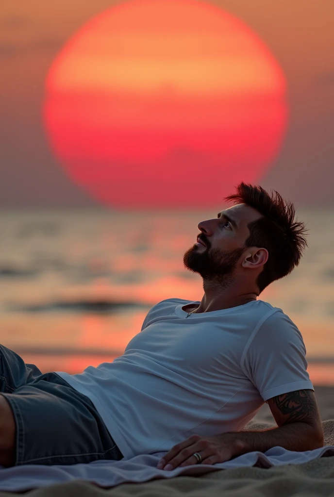 Messi as a rich person. Messi is laying in a beautiful sea beach in time of sunset.sun must be red and big.messi is wearing only a white t-shirts
