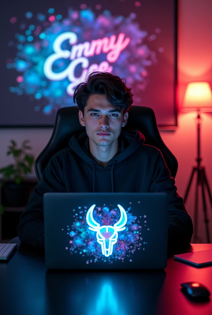 A very cute and handsome hacker wearing a hoodie sat on a black and shinning chair. He had a laptop on a black table Infront of him with "TAURUS SIGN" LOGO design with ice and vibrant colors. At his background are "EMMY GEE" design on the wall with vibrant and beautiful colors