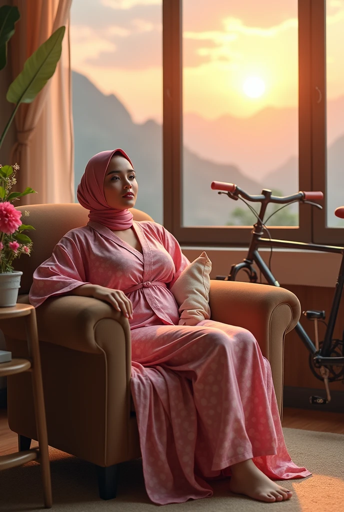 (masterpiece) (detaile) a beautifull indonesian woman, big body, sitting on brown sofa, wearing pink pattern gamis like kimono, pajamas pants, long hijab pink, bold make up, indoors, good lighting,
To the right of the chair there is a bicycle with a basket and to the left is a chair and a wooden table with beautiful flowers. with a backdrop of mountain views and sunset. relaxed pose, close up, realistic, intricate details, warm colors, 5D, 8K