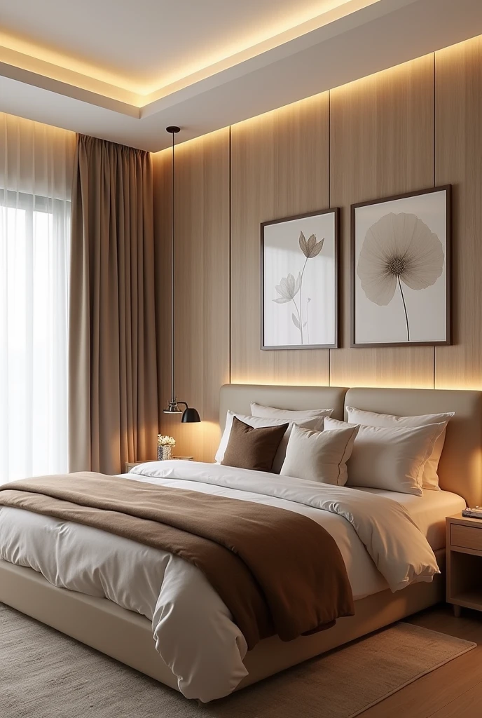 A modern and cozy room, with a clean design and a neutral color palette, focusing on shades of beige and brown. The bed is the focal point, with a padded headboard in light beige, decorated with white and brown cushions. A brown bedspread covers the bottom of the bed, adding contrast. The wall behind the bed is covered in light wood and complemented by recessed lighting that creates a cozy atmosphere.. Two light wood bedside tables, each with a modern lamp and a small decoration, flank the bed. Above the headboard, two paintings with abstract art in neutral tones are hanging, adding an elegant touch to the space. Sheer curtains in light tones allow natural light to enter, softening the environment