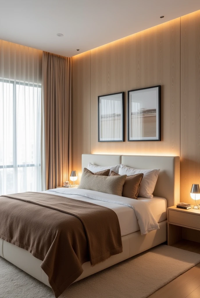 A modern and cozy room, with a clean design and a neutral color palette, focusing on shades of beige and brown. The bed is the focal point, with a padded headboard in light beige, decorated with white and brown cushions. A brown bedspread covers the bottom of the bed, adding contrast. The wall behind the bed is covered in light wood and complemented by recessed lighting that creates a cozy atmosphere.. Two light wood bedside tables, each with a modern lamp and a small decoration, flank the bed. Above the headboard, two paintings with abstract art in neutral tones are hanging, adding an elegant touch to the space. Sheer curtains in light tones allow natural light to enter, softening the environment