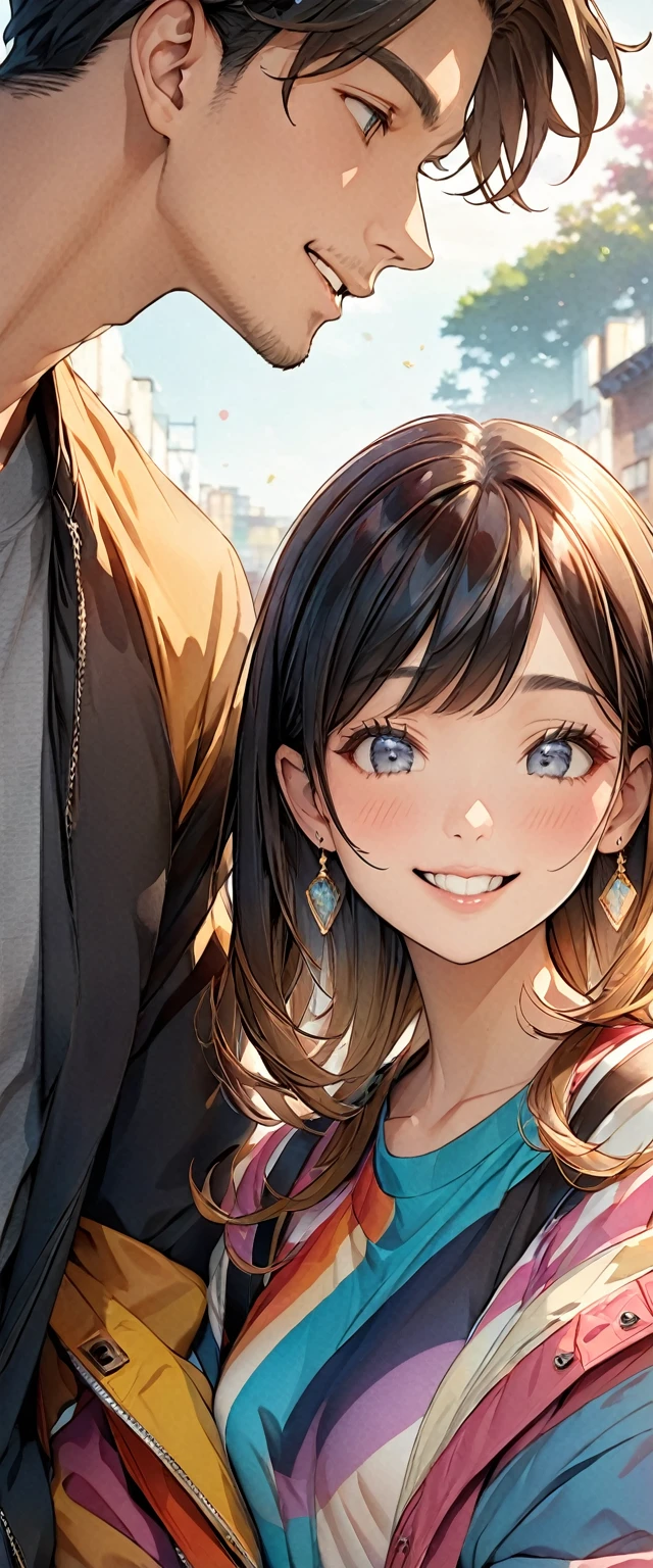 happinessそうなカップルの描写、Stylish style、Casual Outfits、daily、Used in film packaging、Masterpiece、1Girl、1boy、Close-up of two people、Skinship、Colorful worldview、Correct Anatomy、Perfect Face、Expressive、happiness
