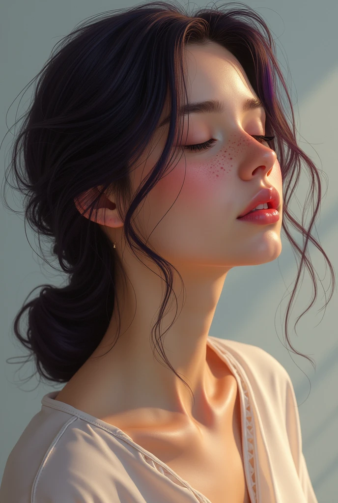 You are a professional photographer.。This is a photo of the work scene..。BREAK,masterpiece、8k、of the highest quality, luz outfit, ultra high resolution, (realist:1.4), RAW Photos,2 、、(student, Light in your eyes), Natural black eyes、Beautiful face in every detail.,(High resolution detail of human skin texture.)、(half ?????、beautiful nipples)、(neckline、medium breasts)、(transparency)、、maestro、(Wear a sheer white blouse)、wet skin、wet clothes、standing under the eaves、(portrait)
Imagina una ilustración calidad fotográfica altamente detallada y realist de una mujer de perfil. seen from below. brown skin(cinnamon), with the head slightly tilted downwards.and forward Neck forward, Her skin has a warm, pale tone., with freckles spread across her cheeks and nose. The hair is a dark violet shade, with subtle reflections that capture the light naturally, falling gently on his shoulders. Her lips are a soft pink color, complementing the warm tone of your skin. The eyes, although closed, They project serenity and peace.. bare shoulder, gran neckline, sheer fabric, portrait 8K, side lighting, detailed and elegant. finely detailed eyes, realist, high definition The background has a subtle gradient from light grey to a soft blue, which highlights the figure of the woman and adds a soft and calm atmosphere. The light is diffuse, accentuating the soft shadows on her face and neck, which gives it an additional dimension and enhances the details of its expression and features.