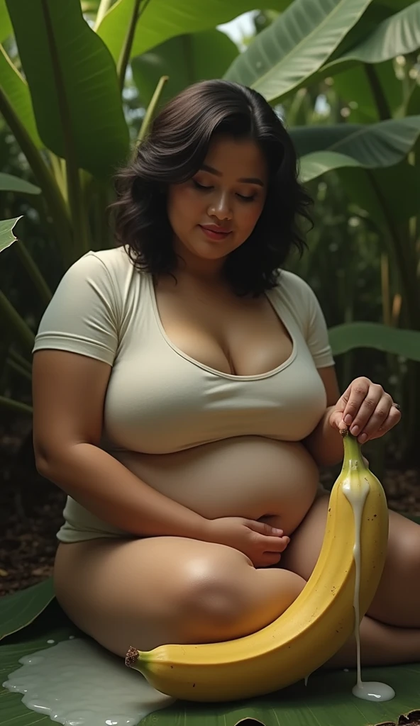 Indonesian adult women,very big woman breasts,more ideal,wearing a short t-shirt,a woman&#39;s hand holding a long and large banana,white milk water coats bananas,This mature woman&#39;s expression is satisfied after climax,tired weak woman,woman sitting on banana leaf,banana garden background