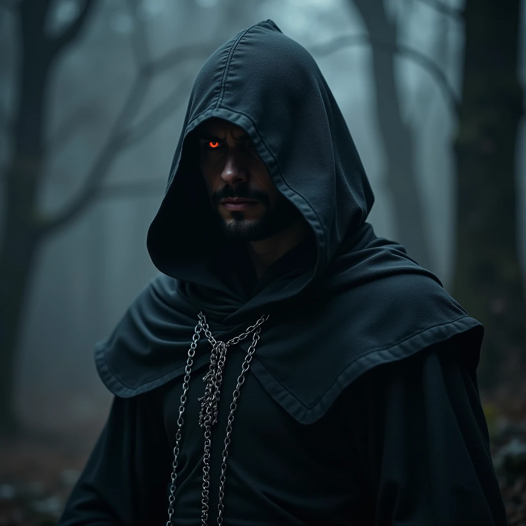 a hooded medieval assassin in a black cloak, silver chains floating in the dark night, glowing red eyes, detailed facial features, dark fantasy, cinematic lighting, dramatic atmosphere, ultra-detailed, 8k, photorealistic, masterpiece