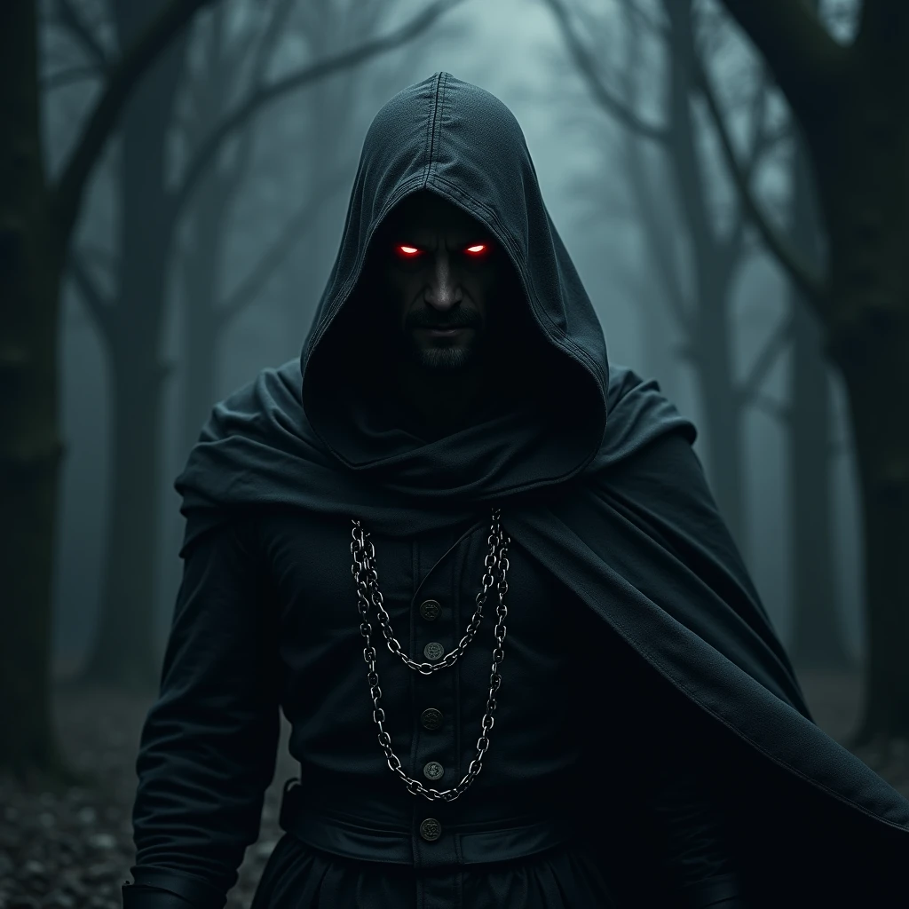 a hooded medieval assassin in a black cloak, silver chains floating in the dark night, glowing red eyes, detailed facial features, dark fantasy, cinematic lighting, dramatic atmosphere, ultra-detailed, 8k, photorealistic, masterpiece