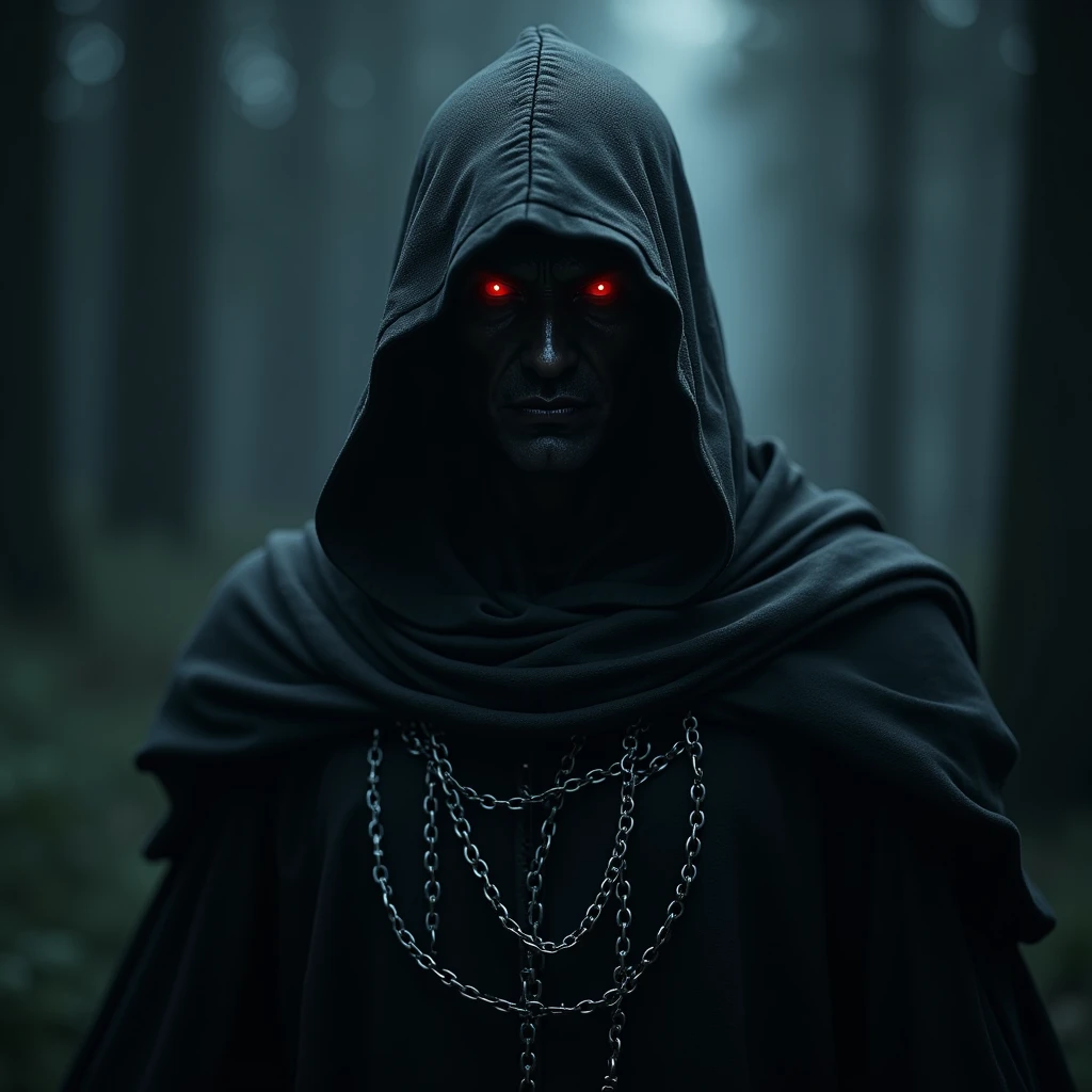 a hooded medieval assassin in a black cloak, silver chains floating in the dark night, glowing red eyes, detailed facial features, dark fantasy, cinematic lighting, dramatic atmosphere, ultra-detailed, 8k, photorealistic, masterpiece