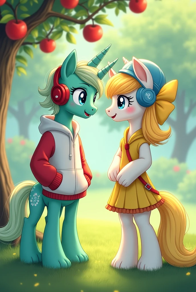 Male Alicorn Pony Mint Green Coat Skin Type with White Freckles,light green hair with blue streaks and blue eyes; white sweatshirt with red sleeves,red gamer headphones; music note cutemark. Winged a female alicorn pony with yellow hair and a yellow tail,White fur,big yellow bow on the nape of the neck,yellow helmets,light blue eyes; dress with short yellow skirt. Lovers in a field in front of an apple tree. 2D anime style image