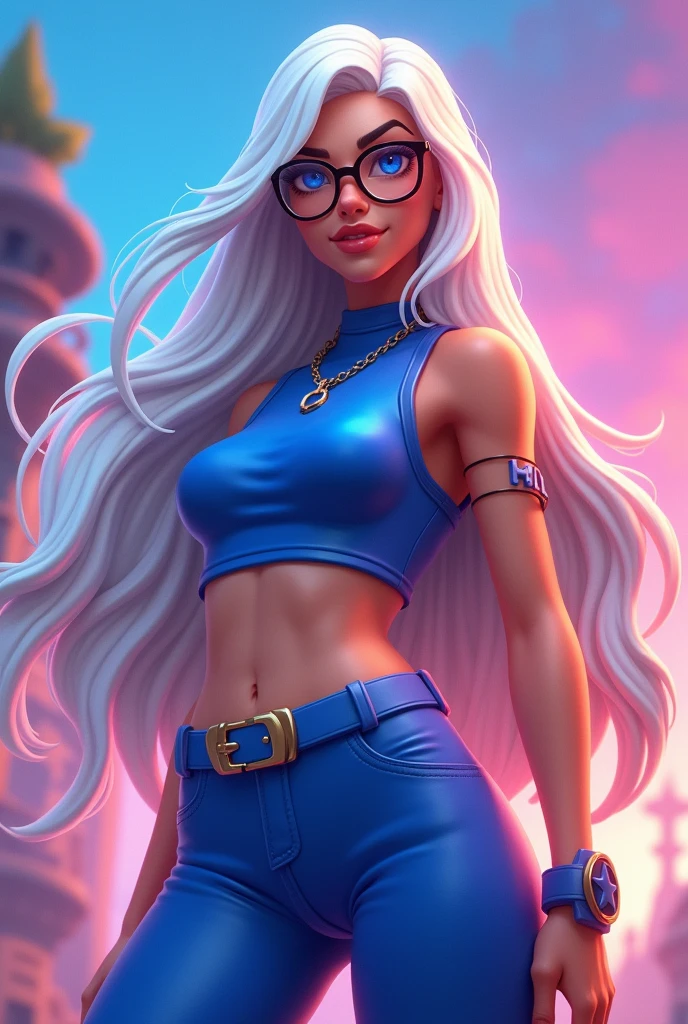 fortnite style girl, long white hair, Broad Hips, blue colored eyes, Wearing allstar sneakers, glasses, top azul cobalto sexy legging justa, fully body
