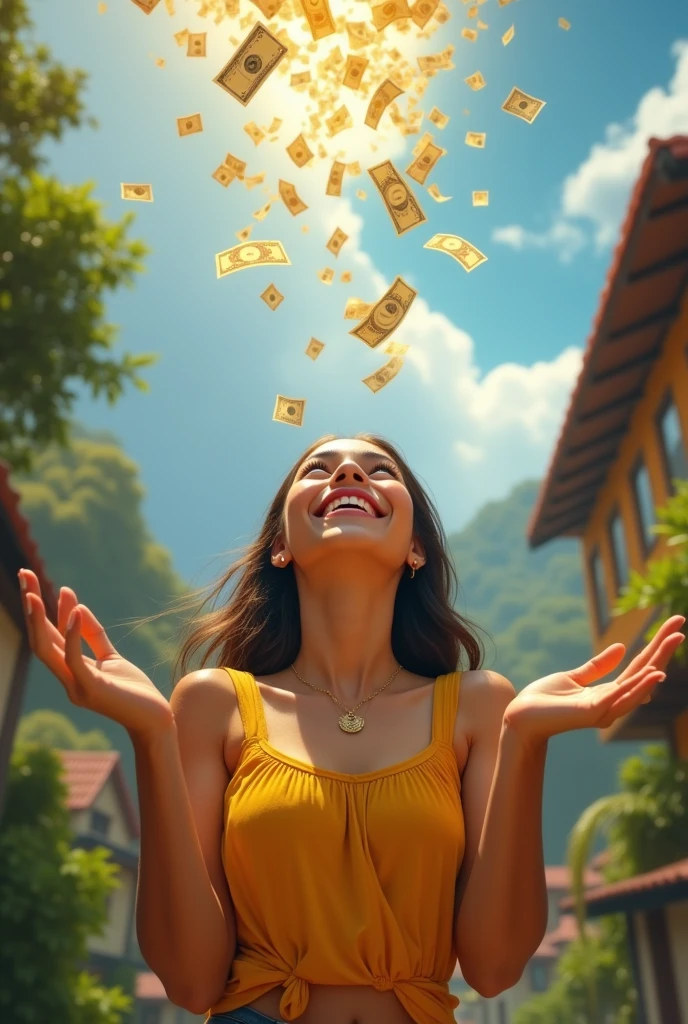 A beautiful Colombian girl smiles happily, looks up, and spreads her arms, waiting to receive money, which is falling from the sky in large amounts.