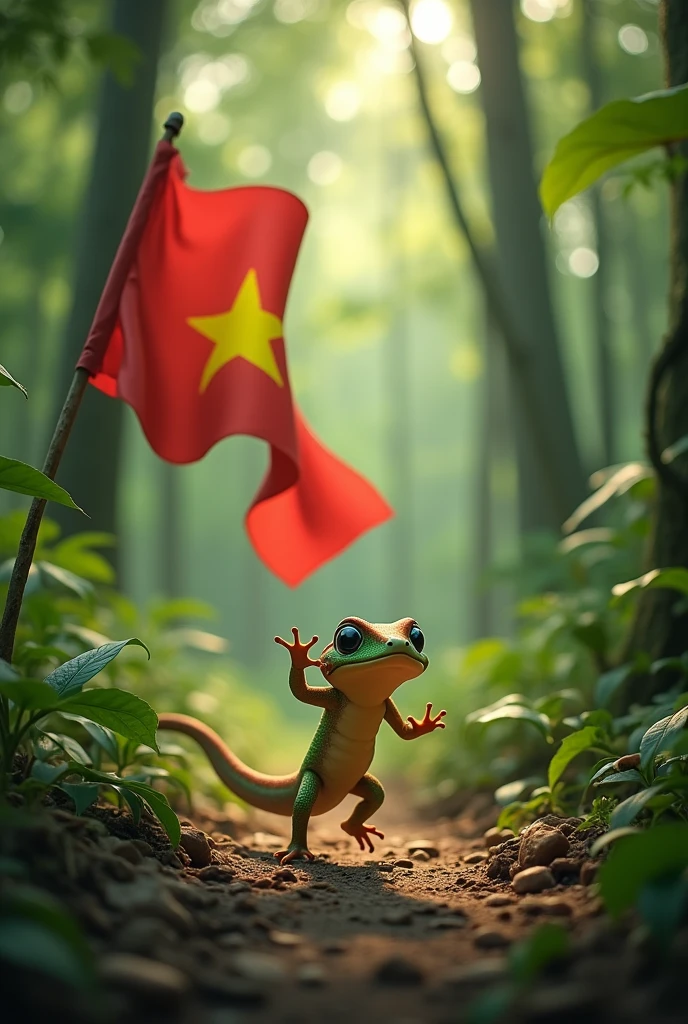 Photo of a gecko running to salute the Vietnamese national flag in the forest