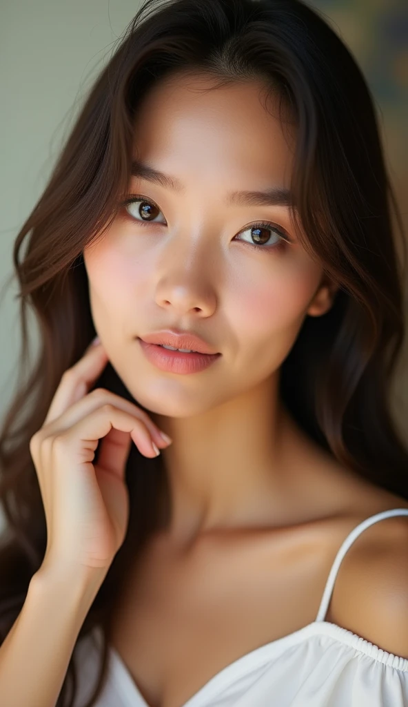 Please generate an image of a young Filipina woman wearing a t shirt and a necklace. She has brown hair, big, black eyes, and has a young looking skin and the skin is howong and glass skin effectt. The selfie should show her without visible makeup, and she should be looking directly into the camera. The face should appear realistically natural. The face should be good for promoting skin care products like the rose water. The full-body shot of this attractive woman should feature a striking pose, and she has piercing black eyes. The girl has a sweet demeanor, and the pose should also be sweet. Please ensure that the entire body of the woman is visible in the image. The background should be showing like shes promoting skin care products. The details of the image should be of high quality(best quality)), ((masterpiece)), (detailed), perfect face, Filipina, pinay