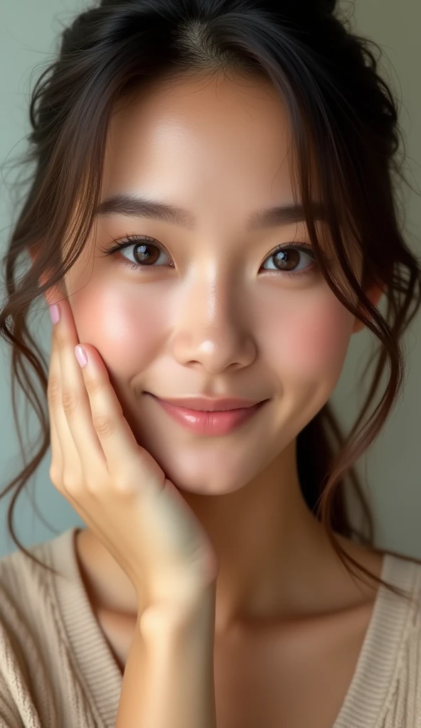 Please generate an image of a young Filipina woman wearing a t shirt and a necklace. She has brown hair, big, black eyes, and has a young looking skin and the skin is howong and glass skin effectt. The selfie should show her without visible makeup, and she should be looking directly into the camera. The face should appear realistically natural. The face should be good for promoting skin care products like the rose water. The full-body shot of this attractive woman should feature a striking pose, and she has piercing black eyes. The girl has a sweet demeanor, and the pose should also be sweet. Please ensure that the entire body of the woman is visible in the image. The background should be showing like shes promoting skin care products. The details of the image should be of high quality(best quality)), ((masterpiece)), (detailed), perfect face, Filipina, pinay
