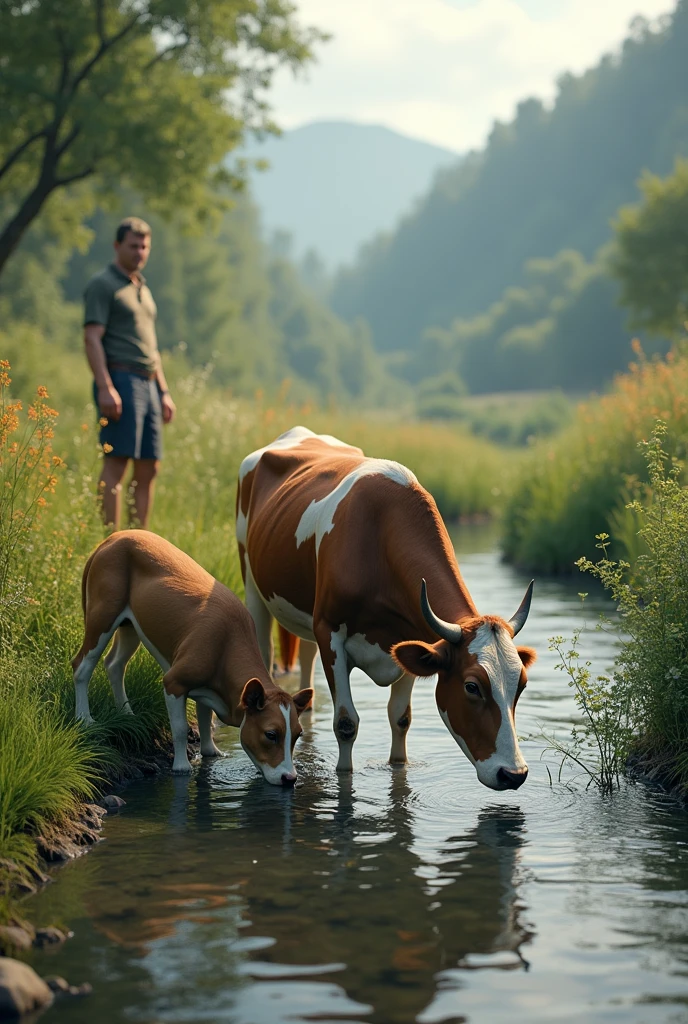 A cow and a dog drinking water river side realistic photo and a man cow backside standing