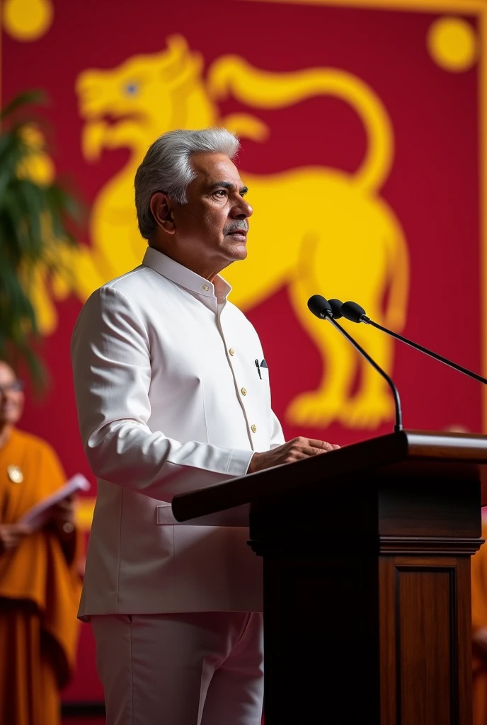 "A thumbnail image showing President Ranil Wickremesinghe confidently unveiling his manifesto at a podium, with a banner in the background displaying the title 'Five-year Mission Possible Sri Lanka'. The audience includes the Maha Sangha, emphasizing a sense of importance and tradition. The setting is the Taj Samudra Hotel in Colombo, with the Sri Lankan flag subtly integrated into the background to represent national pride. The overall tone is inspirational and forward-looking, with bright colors to symbolize hope and a promising future for Sri Lanka."