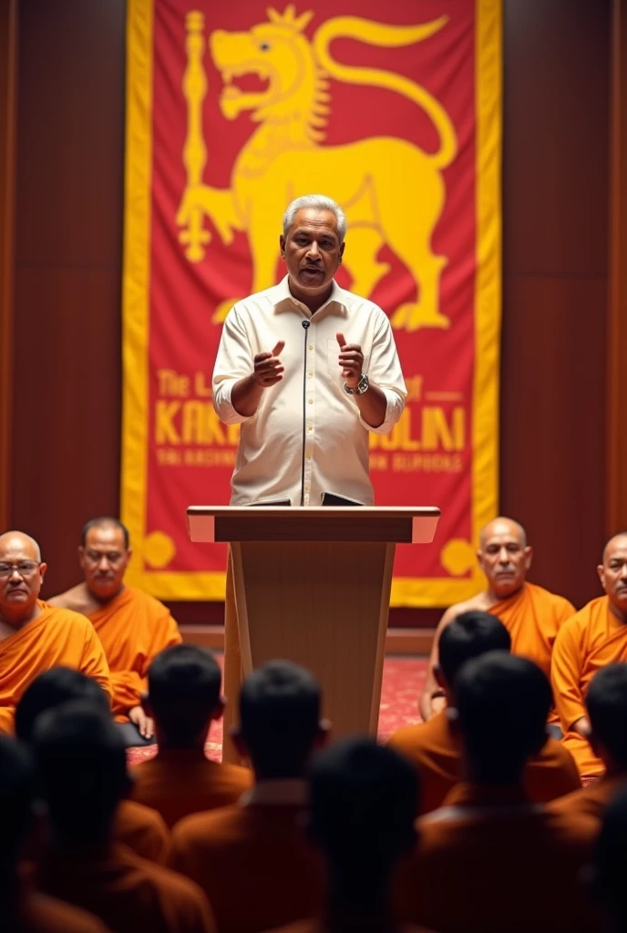 "A thumbnail image showing President Ranil Wickremesinghe confidently unveiling his manifesto at a podium, with a banner in the background displaying the title 'Five-year Mission Possible Sri Lanka'. The audience includes the Maha Sangha, emphasizing a sense of importance and tradition. The setting is the Taj Samudra Hotel in Colombo, with the Sri Lankan flag subtly integrated into the background to represent national pride. The overall tone is inspirational and forward-looking, with bright colors to symbolize hope and a promising future for Sri Lanka."