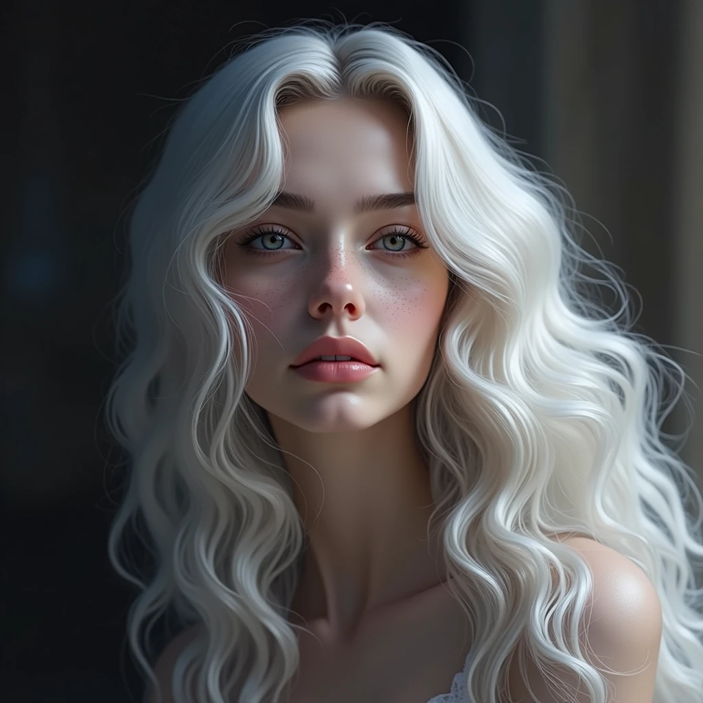 blond woman with long white hair posing for a picture, curly white hair, white curly hair, white beautiful hair, girl with white hair, perfect white haired girl, white cloud hair, silver curly hair, girl silver hair, white hair, white haired, long wavy white hair, flowing white hair, tanned freckled skin, alluring European facial features, wavy white long hair, white long hair, intense white hair, bright diffuse lighting on hair, bokeh background, white colored brows and eye lashes, one facial feature slurs into the next, firm and milky lips, silky iridescent hair, softer younger facial features, less ridges, teen girl,
