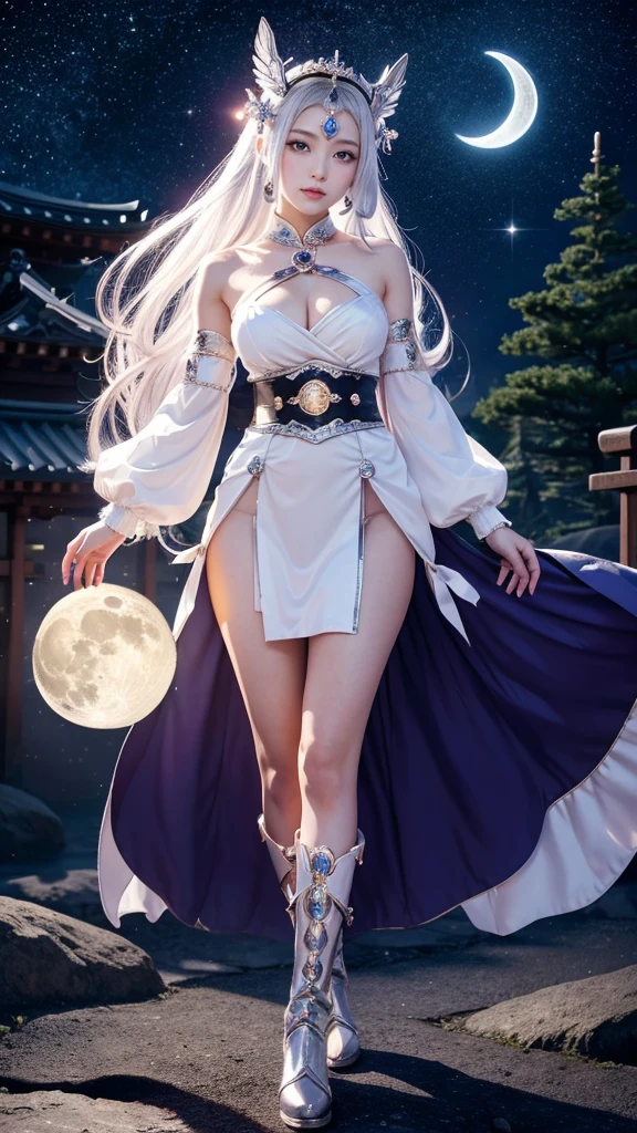 **Prompt:** Create an ultra-realistic 8K resolution image of Tsukuyomi, the Japanese moon god from Shinto mythology, reimagined as the ultimate magical girl while retaining the deity's iconic features. Tsukuyomi is depicted as a radiant magical girl with long, flowing silver hair that sparkles with a celestial glow. Her eyes are luminous, reflecting the light of the moon, and they hold a mysterious yet enchanting allure.
She is dressed in an elaborate magical girl outfit that blends traditional Japanese elements with modern magical girl aesthetics. The outfit features a flowing, moonlit silver dress with intricate designs resembling the phases of the moon, adorned with delicate ribbons and lace. Her waist is cinched with a silver belt that has a crescent moon buckle, and her sleeves are puffy, adding a touch of cuteness to her divine appearance.
Her accessories include a magical staff topped with a glowing crescent moon, which she wields gracefully. A tiara with a moonstone gem rests on her head, symbolizing her connection to the lunar deity. Her boots are knee-high, sleek, and silver, with crescent moon accents on the sides.
The background showcases a mystical night sky filled with stars and galaxies, with the full moon shining brightly above her. Sparkling dust and magical symbols float around her as she strikes a powerful yet elegant pose, ready to harness the moon’s magic to protect the world. The scene captures the essence of Tsukuyomi’s divine power transformed into an irresistible and majestic magical girl form.