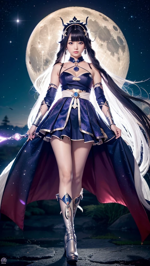 **Prompt:** Create an ultra-realistic 8K resolution image of Tsukuyomi, the Japanese moon god from Shinto mythology, reimagined as the ultimate magical girl while retaining the deity's iconic features. Tsukuyomi is depicted as a radiant magical girl with long, flowing silver hair that sparkles with a celestial glow. Her eyes are luminous, reflecting the light of the moon, and they hold a mysterious yet enchanting allure.
She is dressed in an elaborate magical girl outfit that blends traditional Japanese elements with modern magical girl aesthetics. The outfit features a flowing, moonlit silver dress with intricate designs resembling the phases of the moon, adorned with delicate ribbons and lace. Her waist is cinched with a silver belt that has a crescent moon buckle, and her sleeves are puffy, adding a touch of cuteness to her divine appearance.
Her accessories include a magical staff topped with a glowing crescent moon, which she wields gracefully. A tiara with a moonstone gem rests on her head, symbolizing her connection to the lunar deity. Her boots are knee-high, sleek, and silver, with crescent moon accents on the sides.
The background showcases a mystical night sky filled with stars and galaxies, with the full moon shining brightly above her. Sparkling dust and magical symbols float around her as she strikes a powerful yet elegant pose, ready to harness the moon’s magic to protect the world. The scene captures the essence of Tsukuyomi’s divine power transformed into an irresistible and majestic magical girl form.