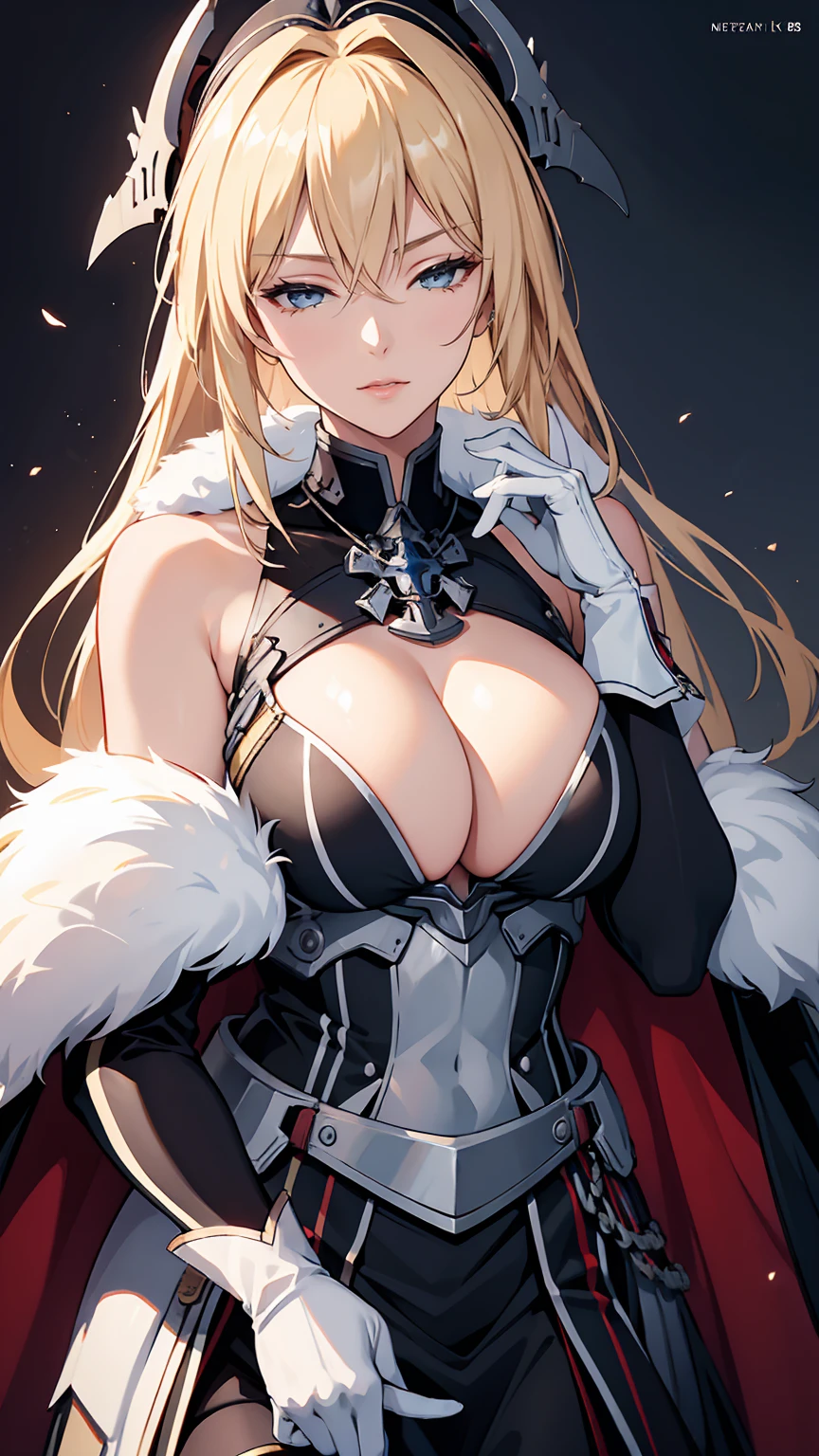 (masterpiece, best quality:1.2),illustration,8K,HD,1 Girl,Solitary,Upper Body,(portrait:1.2),Blonde_hair,long_hair,blue_Eye,Large target_breast,have,Reaching the Peak_cap,hair_between_Eye,cape,army_uniform,fur_prune,Black_Headdress,cleveage,army_have,fur-prunemed_cape,Bangs,skirt,White_Gloves, Bismarck - Azur Lane, Mature woman,Movie, 4K resolution, high quality