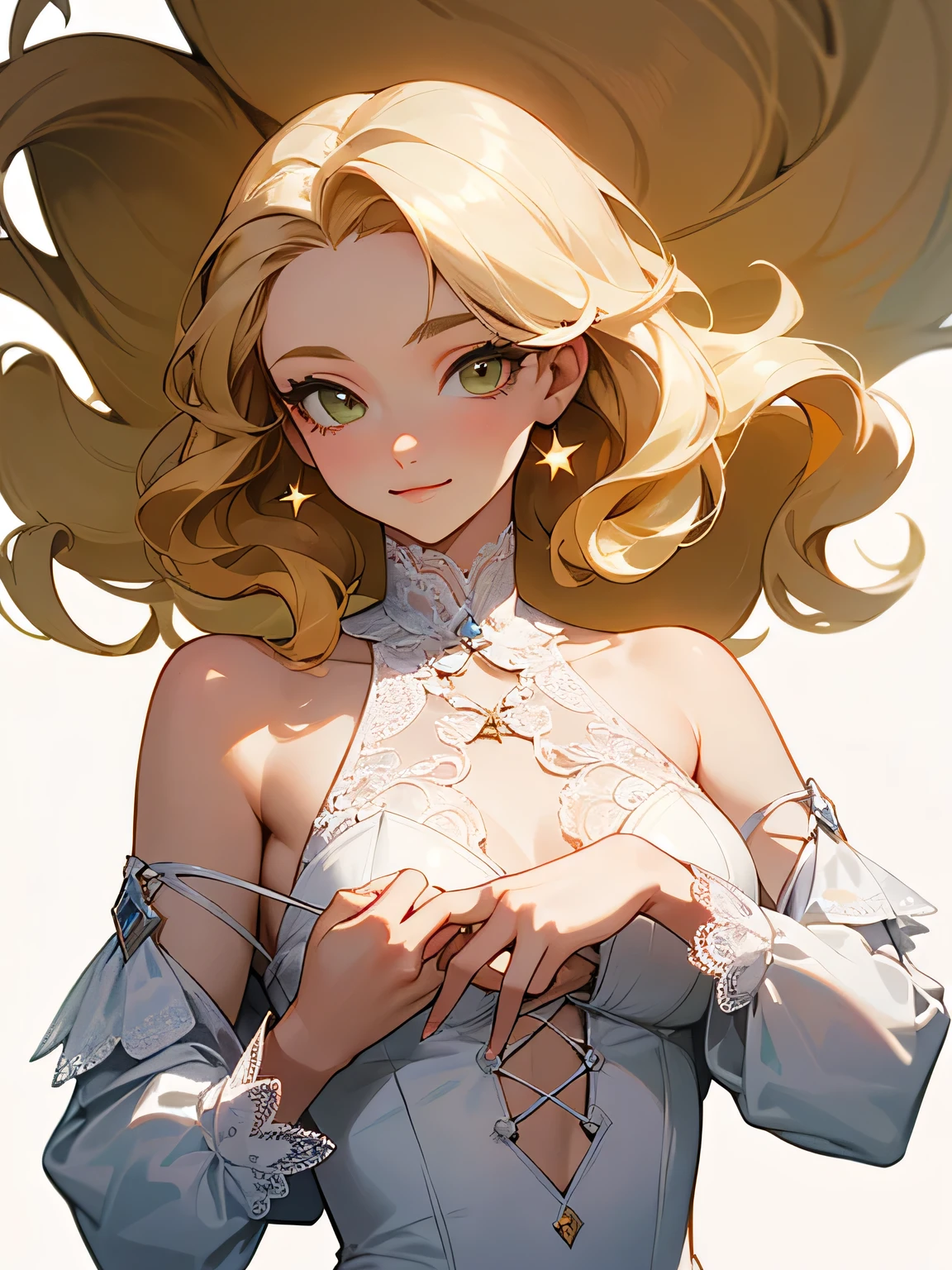 sideview,(looking at viewer:1.2),solo, upperbody, blonde wavy curly long thin hair:1.3, lime green eyes, Russian, pure smile, (stylish model pose),(offshoulder:1.2),Enchanting chest:0.9、(All white sexy givenchy Lace-updress),(I am the star):1.2, white simple background,