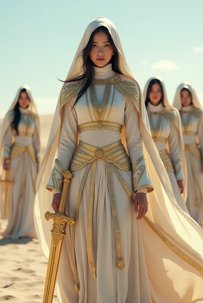 Create an image of a group of beautiful asian young girl with blue eyes clad in detailed, ornate white and gold armor, standing in a desert setting. The armor should be intricate with flowing robes and a hood slightly obscuring the head. A golden sword with an elaborate hilt is held in front of the figure. The background features sand dunes under a clear sky, they pee on ground, dynamic post, show real pussy, show real vagina , show ass, show real breast, nude.