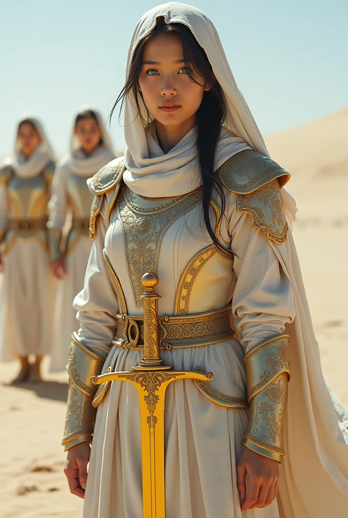 Create an image of a group of beautiful asian young girl with blue eyes clad in detailed, ornate white and gold armor, standing in a desert setting. The armor should be intricate with flowing robes and a hood slightly obscuring the head. A golden sword with an elaborate hilt is held in front of the figure. The background features sand dunes under a clear sky, they pee on ground, dynamic post, show real pussy, show real vagina , show ass, show real breast, nude.