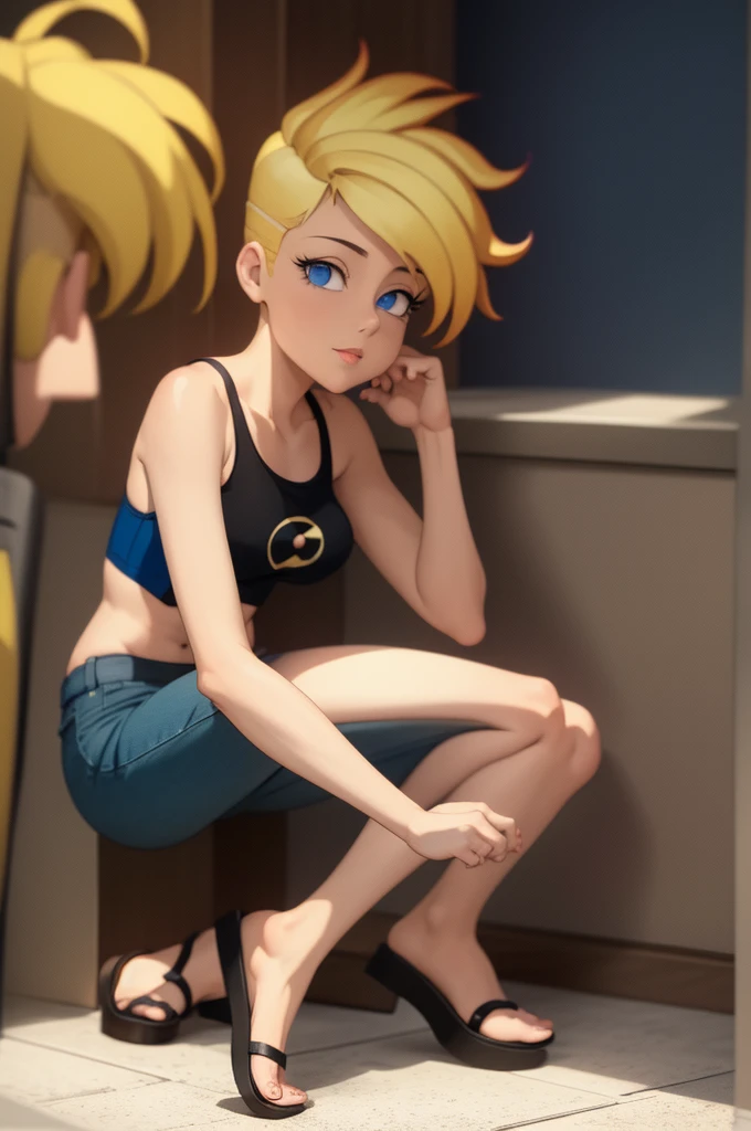 ((masterpiece, best quality)),(complex light),1girl, solo, portrait, jenny test, blonde hair,blue eyes, pants, midriff, open shirt, tank top, long hair, short sleeves shirt, looking at the viewer, sandals 