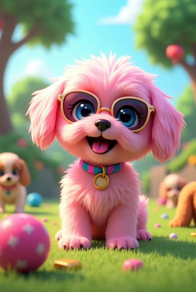 Adorable pink shih tzu puppy with blue eyes wearing colorful collar and sunglasses playing at dog park 3D Pixar Style