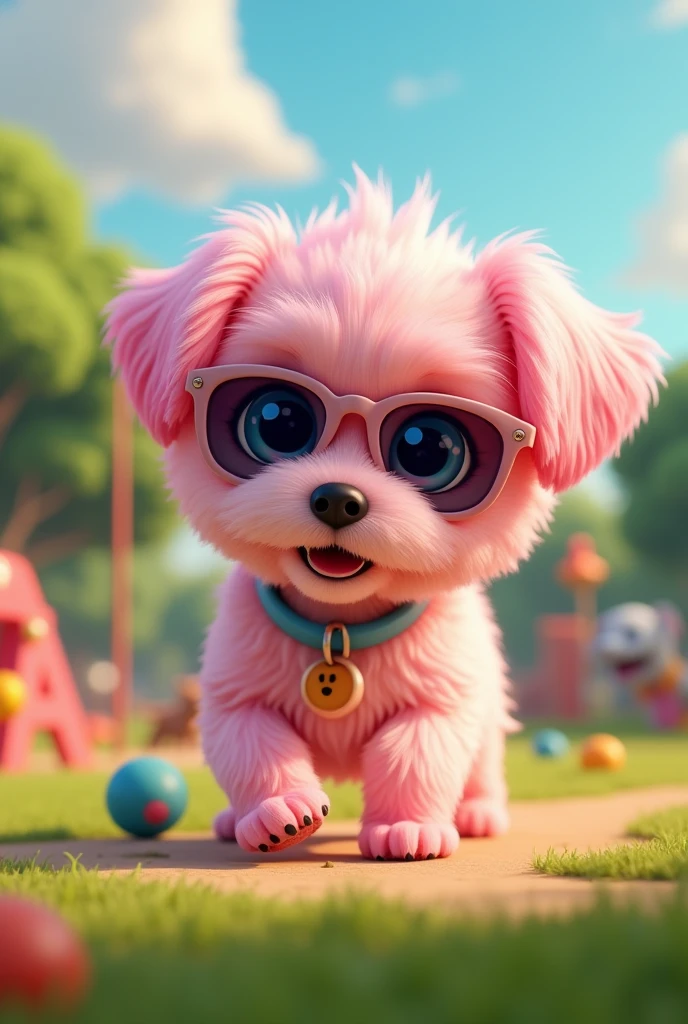 Adorable pink shih tzu puppy with blue eyes wearing colorful collar and sunglasses playing at dog park 3D Pixar Style