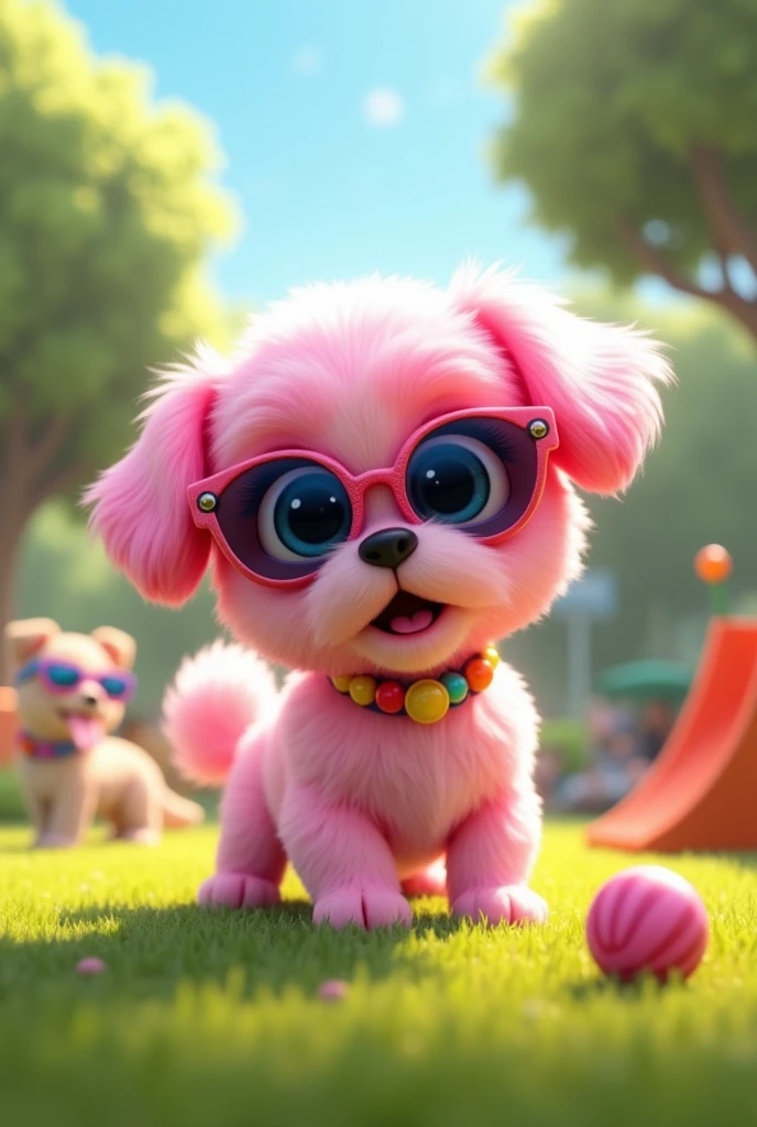 Adorable pink shih tzu puppy with blue eyes wearing colorful collar and sunglasses playing at dog park 3D Pixar Style