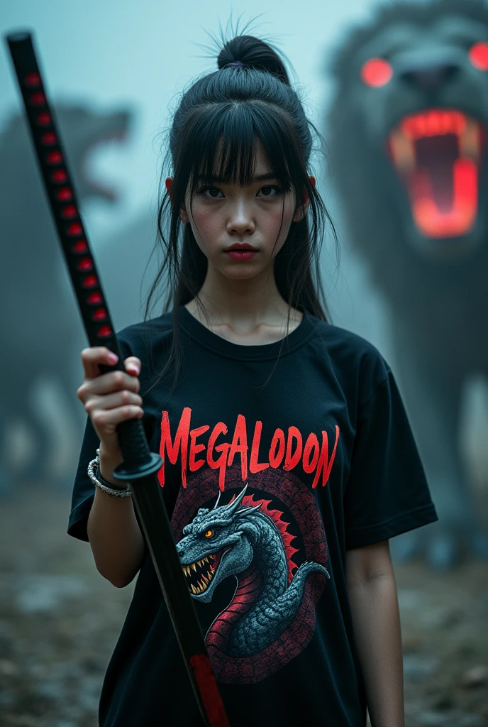 create high quality realistic images, a 20 year old Girl wearing a black t-shirt with his name “MEGALODON” written boldly with a neon effect, the boy holds a samurai in his hand, the background is very dark, where the aggressive images of dragons and lions, the environment is pale.