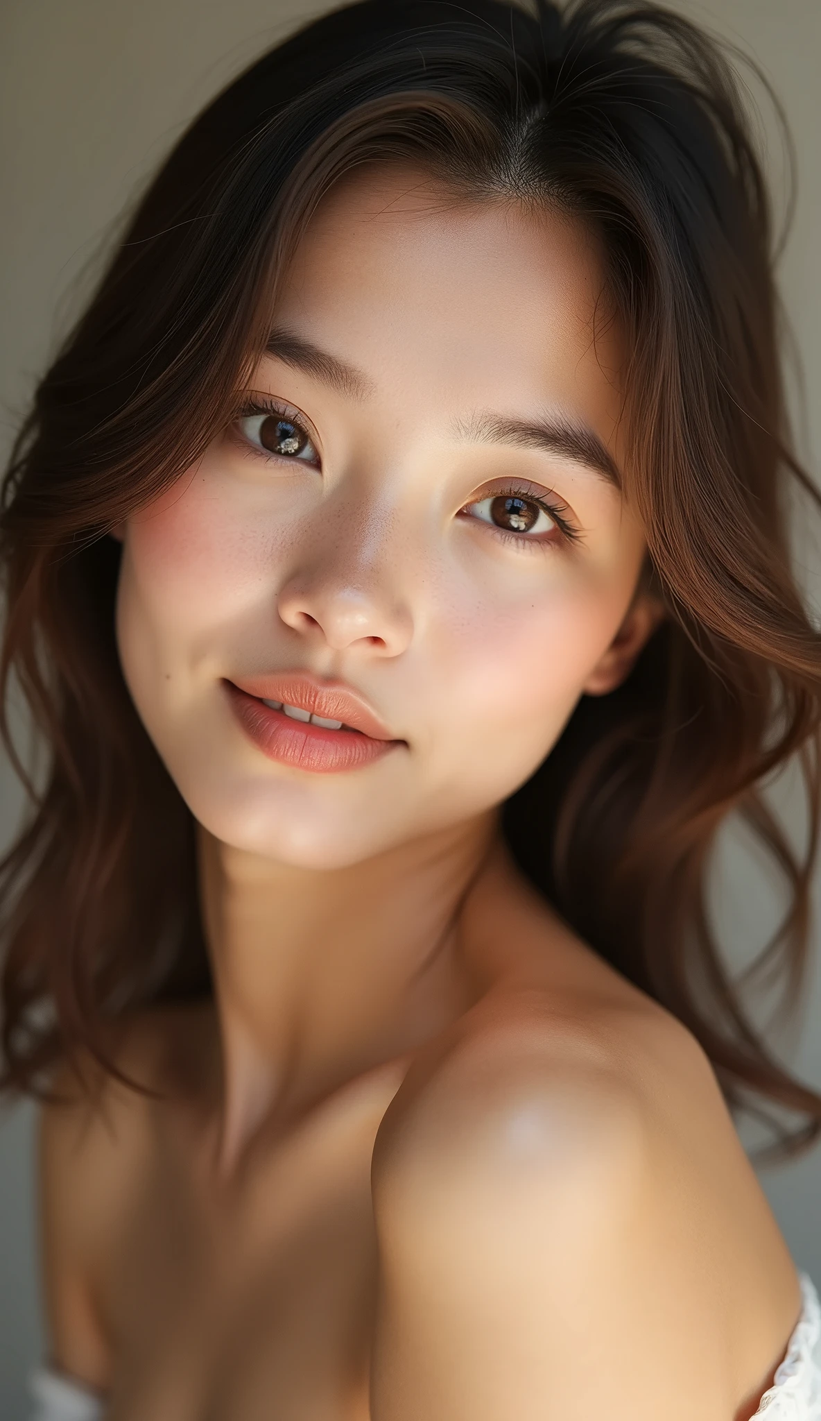 Please generate an image of a young Filipina woman wearing a t shirt and a necklace. She has brown hair, big, black eyes, and has a young looking skin and the skin is howong and glass skin effectt. The selfie should show her without visible makeup, and she should be looking directly into the camera. The face should appear realistically natural. The face should be good for promoting skin care products like the rose water. The full-body shot of this attractive woman should feature a striking pose, and she has piercing black eyes. The girl has a sweet demeanor, and the pose should also be sweet. Please ensure that the entire body of the woman is visible in the image. The background should be showing like shes promoting skin care products. The details of the image should be of high quality(best quality)), ((masterpiece)), (detailed), perfect face, Filipina, pinay